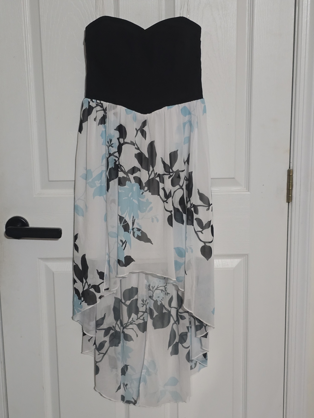 Speechless Black Strapless High-Low Dress with Light Blue and Gray Floral Skirt